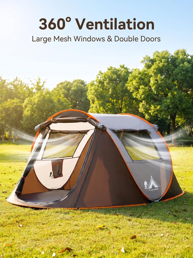 4-6 Person Pop Up Camping Tent Waterproof Instant Setup Tent with Removable Awning for Outdoor Hiking and Family Camping