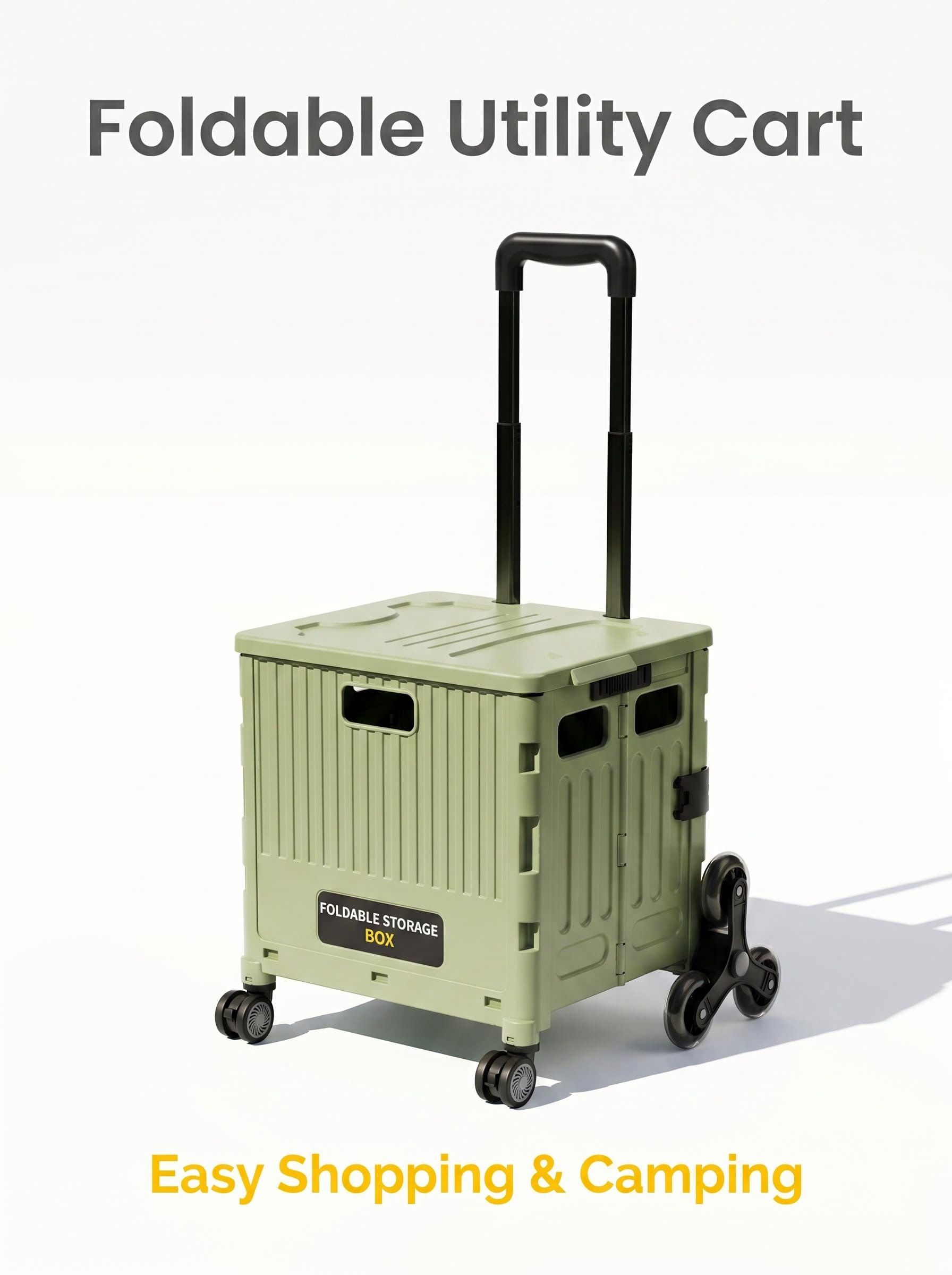 Foldable Utility Cart with Stair Climbing Wheels, Collapsible Rolling Storage Crate with Telescopic Handle, Portable Shopping Trolley for Camping, Groceries & Moving