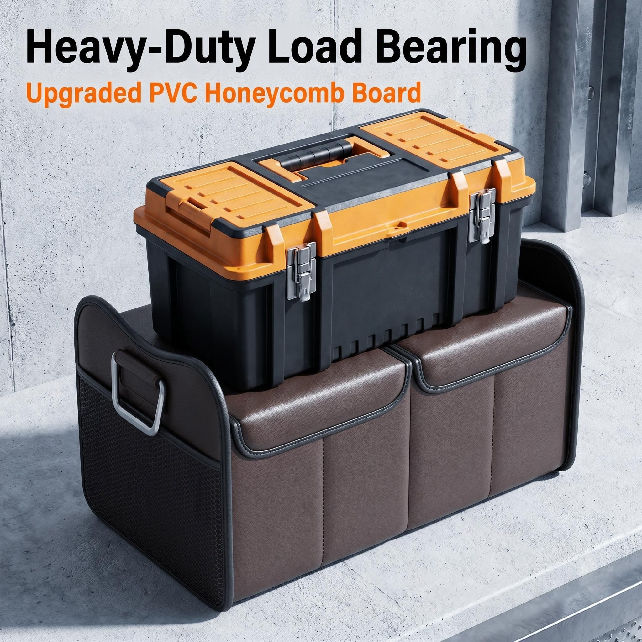 Leather Car Storage Organizer, Reinforced Collapsible Trunk Organizer with Nappa Leather Lid & Thickened PVC Board, Multi-Compartment Car Cargo Storage Box for SUV, Truck & Van