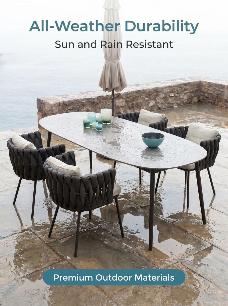 4 Piece Modern Outdoor Dining Set Oval Table and Woven Rope Chairs with Cushions Weather Resistant Patio Furniture for Garden and Terrace