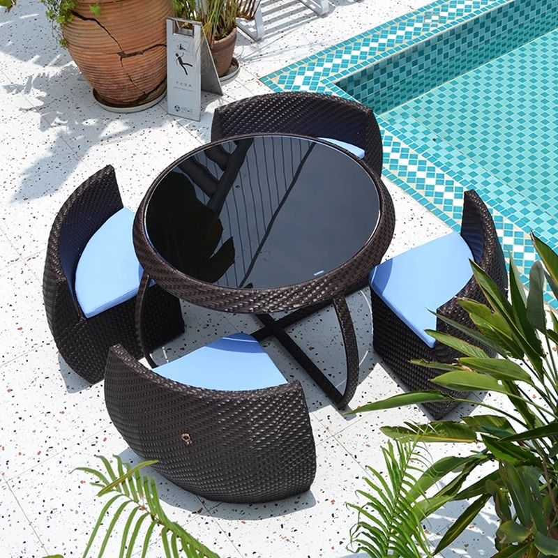 4 Piece Outdoor Wicker Patio Furniture Set Round Table and Chairs Set with Cushions Space Saving Design for Garden Backyard and Balcony