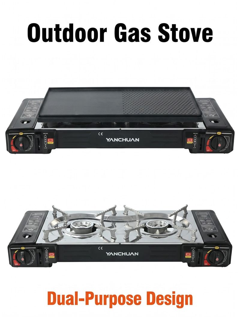 Dual Burner Portable Gas Stove with Griddle Plate Outdoor Camping Butane Stove for Cooking and BBQ