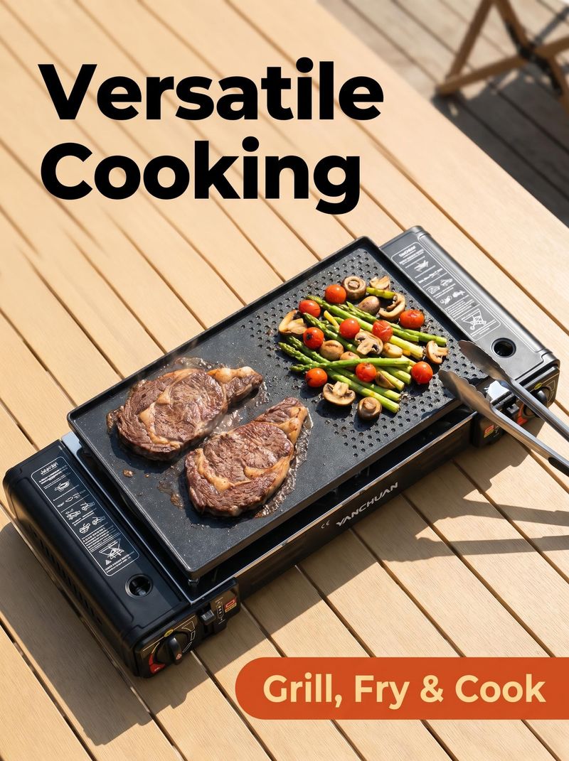 Dual Burner Portable Gas Stove with Griddle Plate Outdoor Camping Butane Stove for Cooking and BBQ
