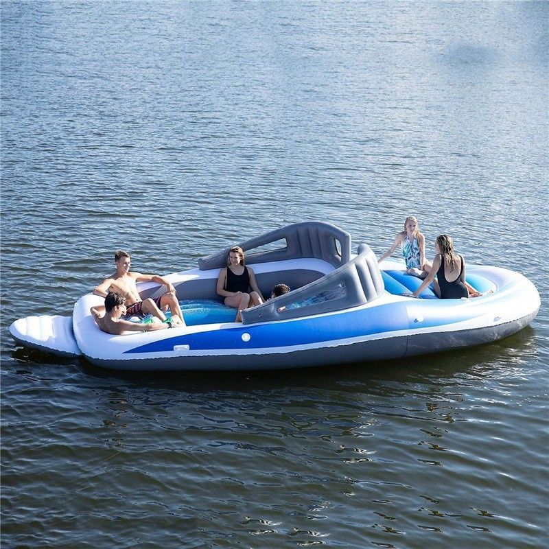 Inflatable Speed Boat Style Pool Float 6 Person Floating Raft with Cooler and Backrest for Lake and Pool Parties