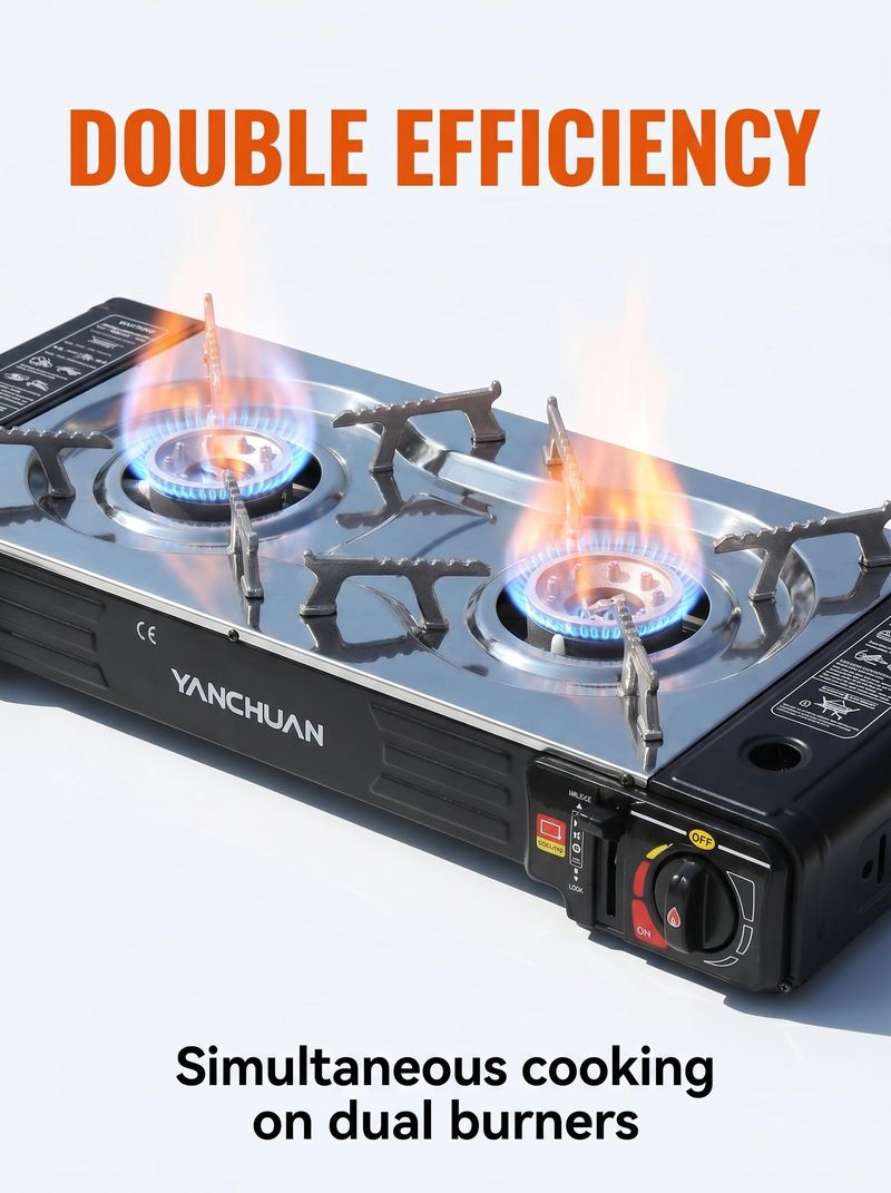 Dual Burner Portable Gas Stove with Griddle Plate Outdoor Camping Butane Stove for Cooking and BBQ
