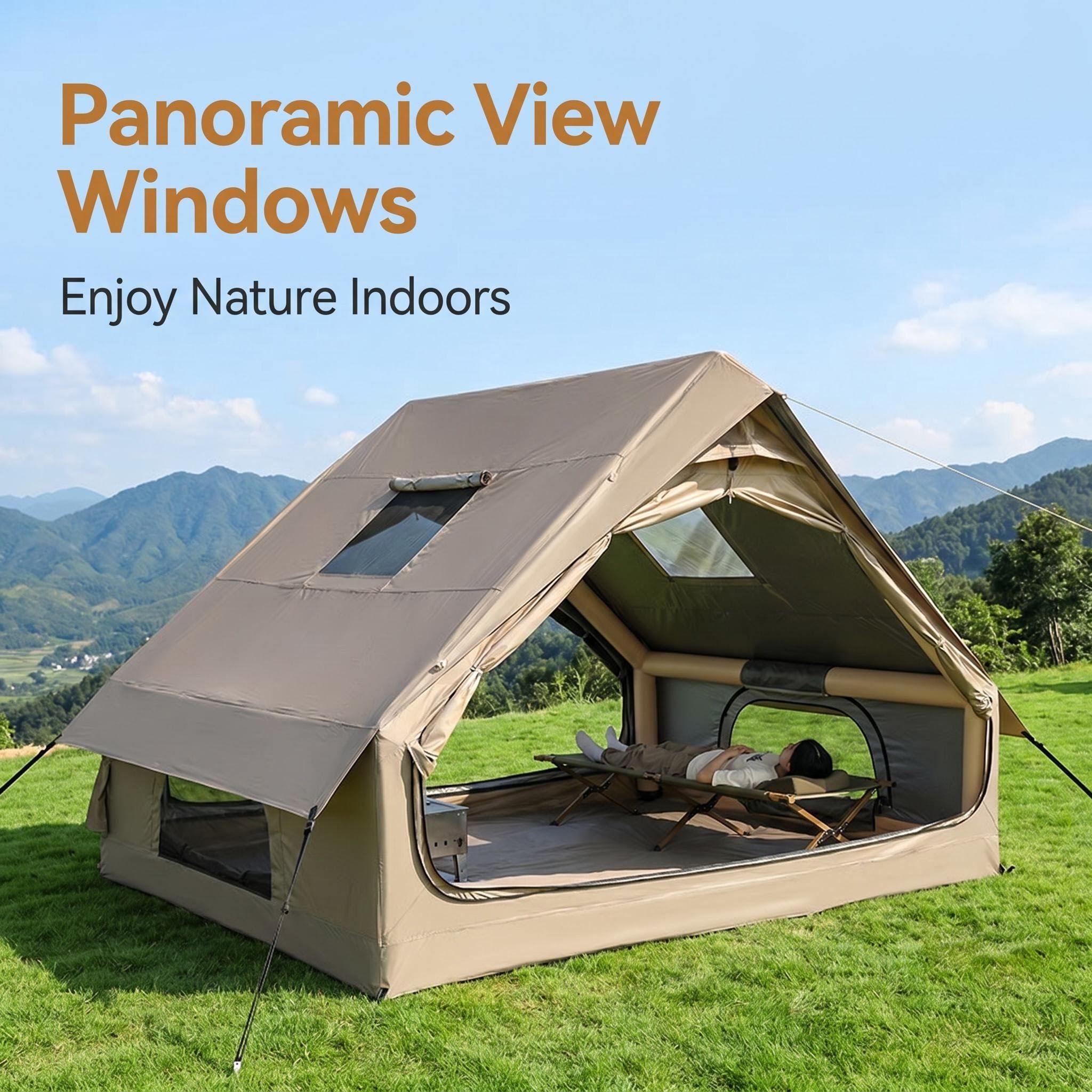 Inflatable Glamping Tent with Panoramic Windows, Large Space 4-8 Person Air Frame Camping House for Outdoor Glamping, Backyard, Hiking & Family Camping