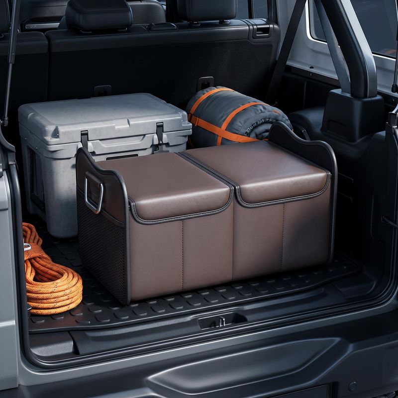Leather Car Storage Organizer, Reinforced Collapsible Trunk Organizer with Nappa Leather Lid & Thickened PVC Board, Multi-Compartment Car Cargo Storage Box for SUV, Truck & Van