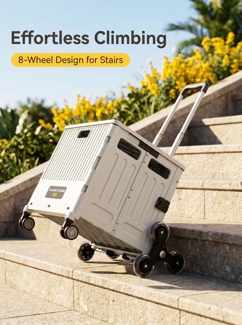 Foldable Utility Cart with Stair Climbing Wheels, Collapsible Rolling Storage Crate with Telescopic Handle, Portable Shopping Trolley for Camping, Groceries & Moving