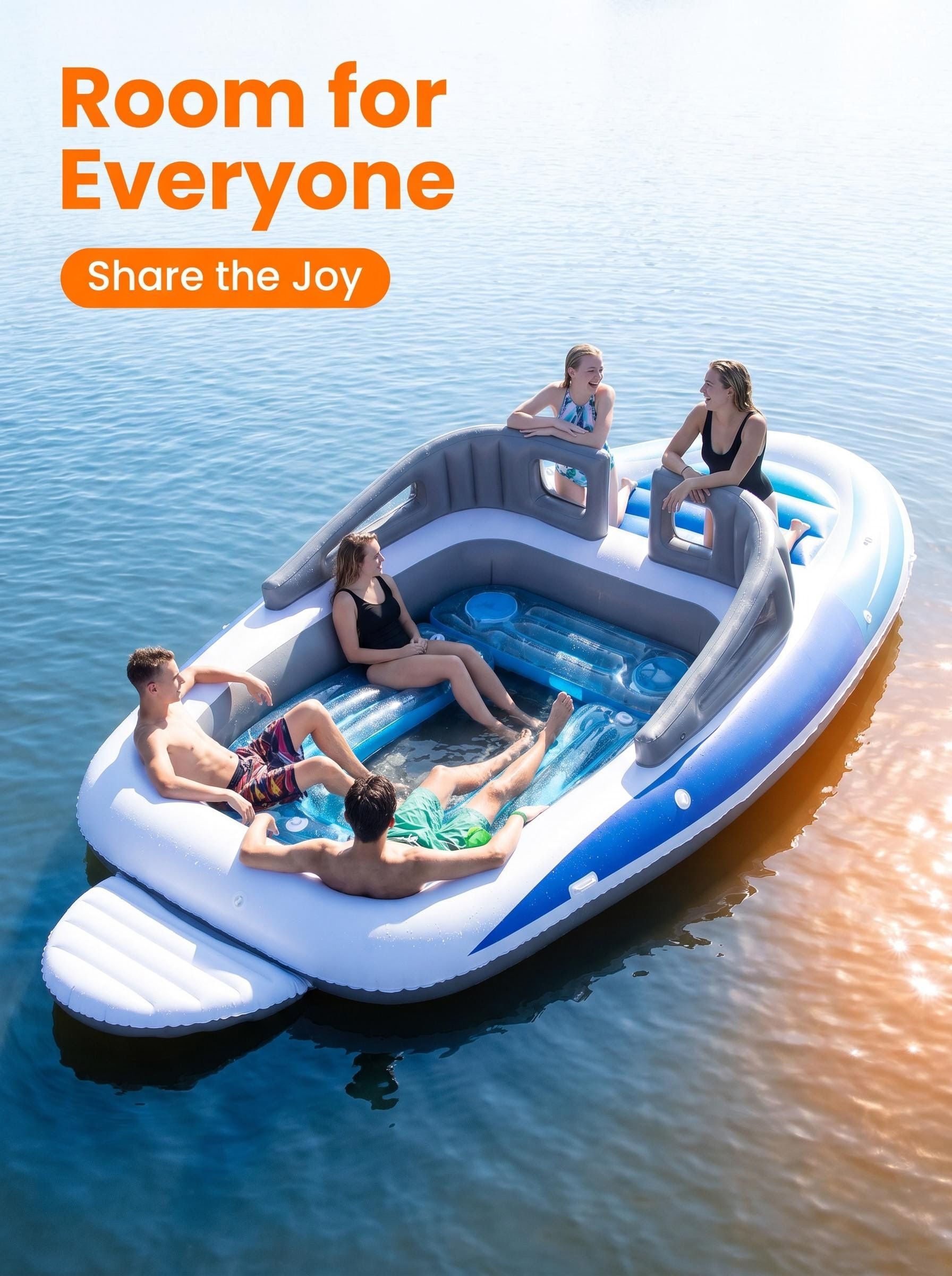 Inflatable Speed Boat Style Pool Float 6 Person Floating Raft with Cooler and Backrest for Lake and Pool Parties