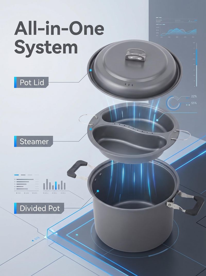 Multi-Purpose Camping Cooking Pot, Non-Stick Aluminum Steamer & Cookware with Lockable Handles, Portable Outdoor Pot for Camping, Hiking & Backpacking