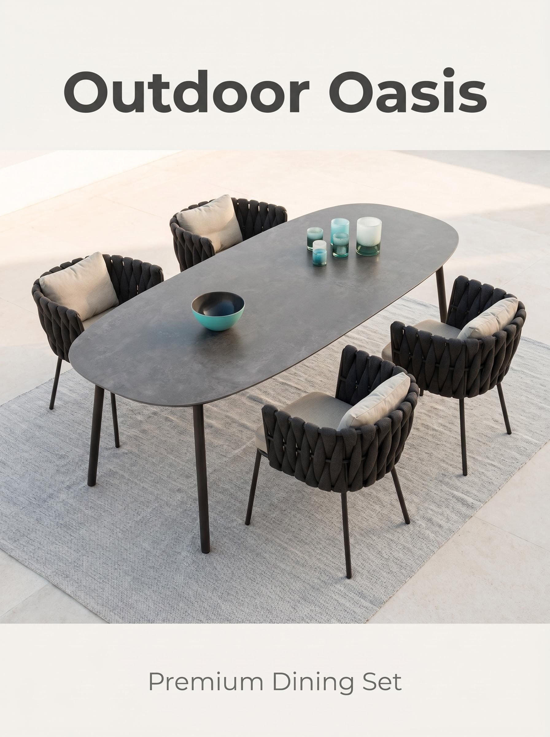 4 Piece Modern Outdoor Dining Set Oval Table and Woven Rope Chairs with Cushions Weather Resistant Patio Furniture for Garden and Terrace