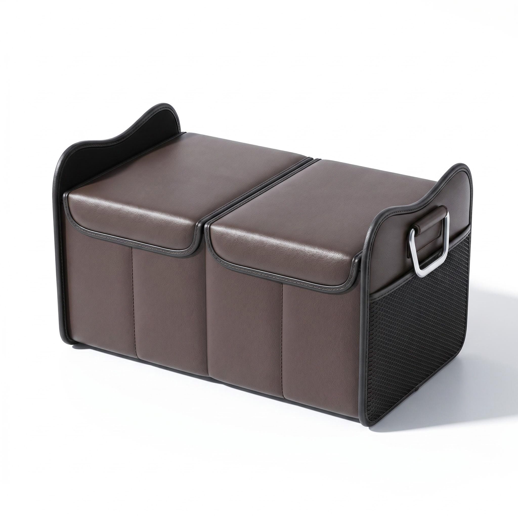 Leather Car Storage Organizer, Reinforced Collapsible Trunk Organizer with Nappa Leather Lid & Thickened PVC Board, Multi-Compartment Car Cargo Storage Box for SUV, Truck & Van