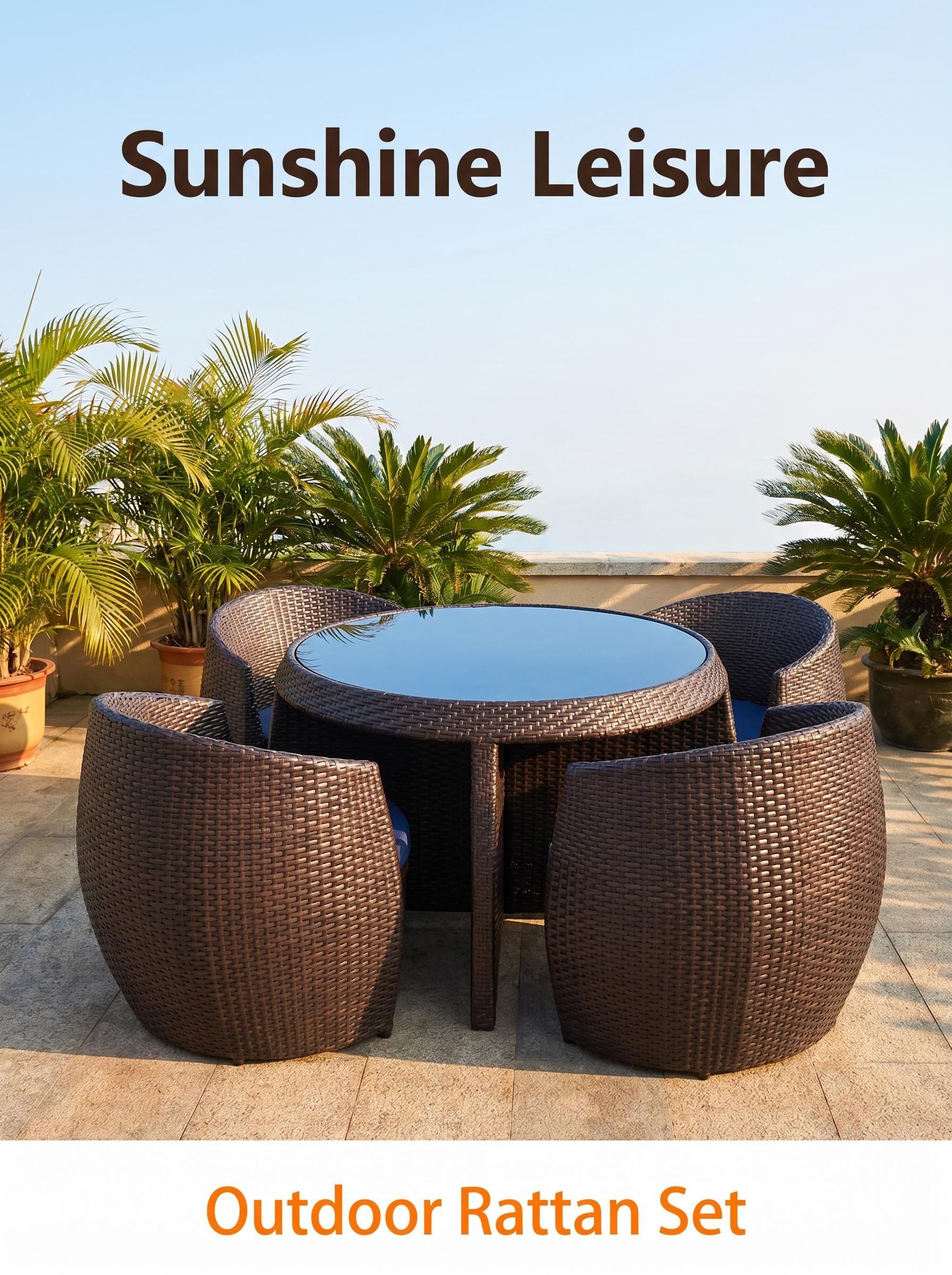 4 Piece Outdoor Wicker Patio Furniture Set Round Table and Chairs Set with Cushions Space Saving Design for Garden Backyard and Balcony