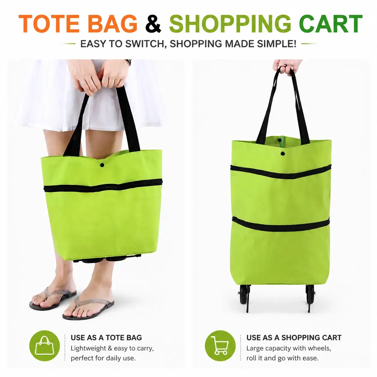 2-in-1 Tote Bag & Rolling Shopping Cart, Foldable Grocery Bag with Wheels, Large Capacity Shopping Tote for Easy Carrying & Rolling