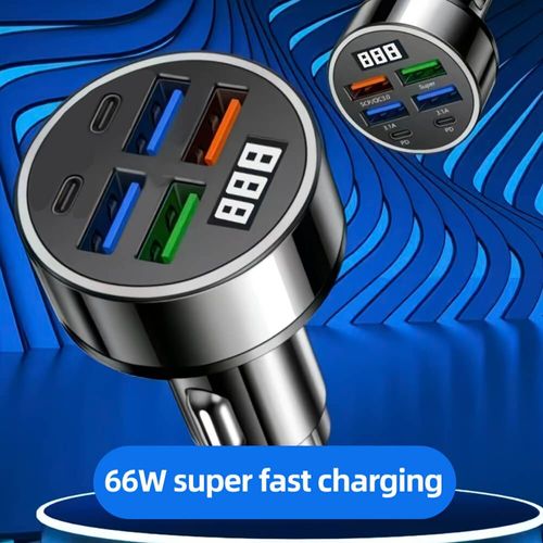6 Ports 66W Fast Car Charger PD QC3.0 USB C Car Cigarette Lighter Charger