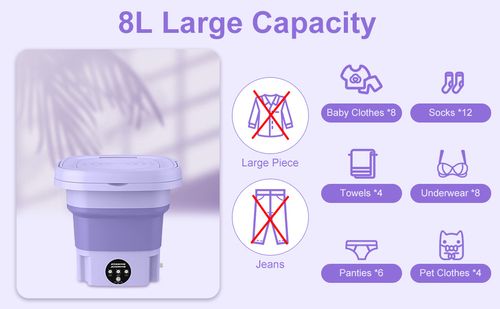 Portable Washing Machine, 8L Large Capacity Washer with Drain Basket, Foldable Mini Washing Machine, Suitable for Baby Clothes, Underwear, Socks, Laundry Purple US Plug