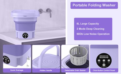 Portable Washing Machine, 8L Large Capacity Washer with Drain Basket, Foldable Mini Washing Machine, Suitable for Baby Clothes, Underwear, Socks, Laundry Purple US Plug