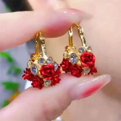 New style red rose flower basket ear clips, fashionable, exquisite, high-end and stylish earrings, temperament-enhancing and face-slimming ear accessories
