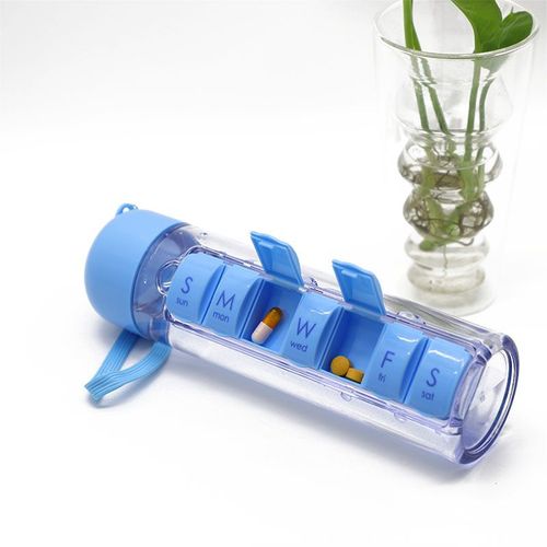 Pill Water Bottle Daily Pill Box Organizer with Water Bottle 7 Day Plastic Vitamin Pill Box