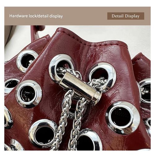 Metallic handbag, rivet shoulder bag, crossbody bag, hollow eyelet drawstring bucket bag for women