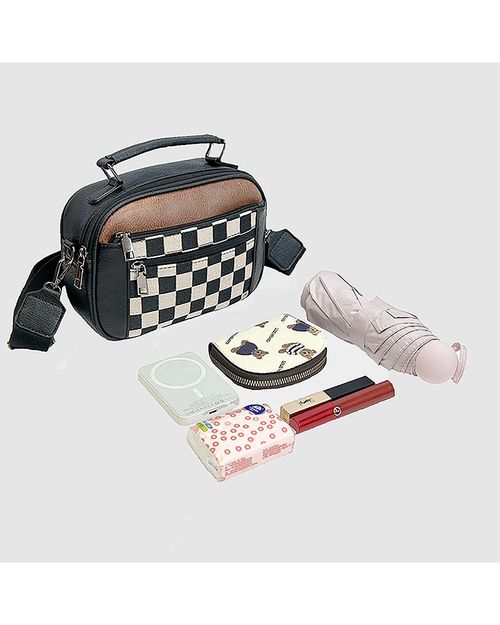 Hot selling canvas checkerboard double zipper handle fashionable crossbody shoulder handbag PU square bag