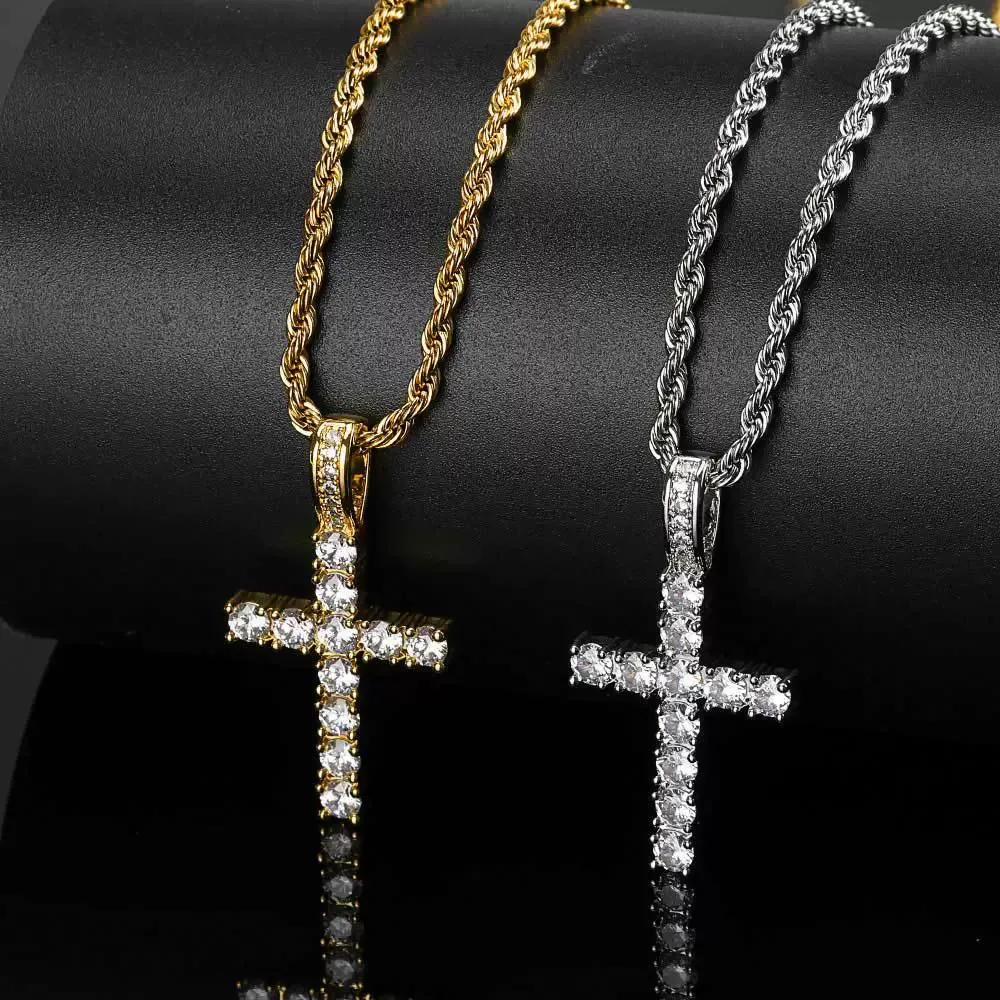 Hip-hop micro-inlaid zircon solid small cross pendant real gold electroplated trendy hip-hop men's necklace