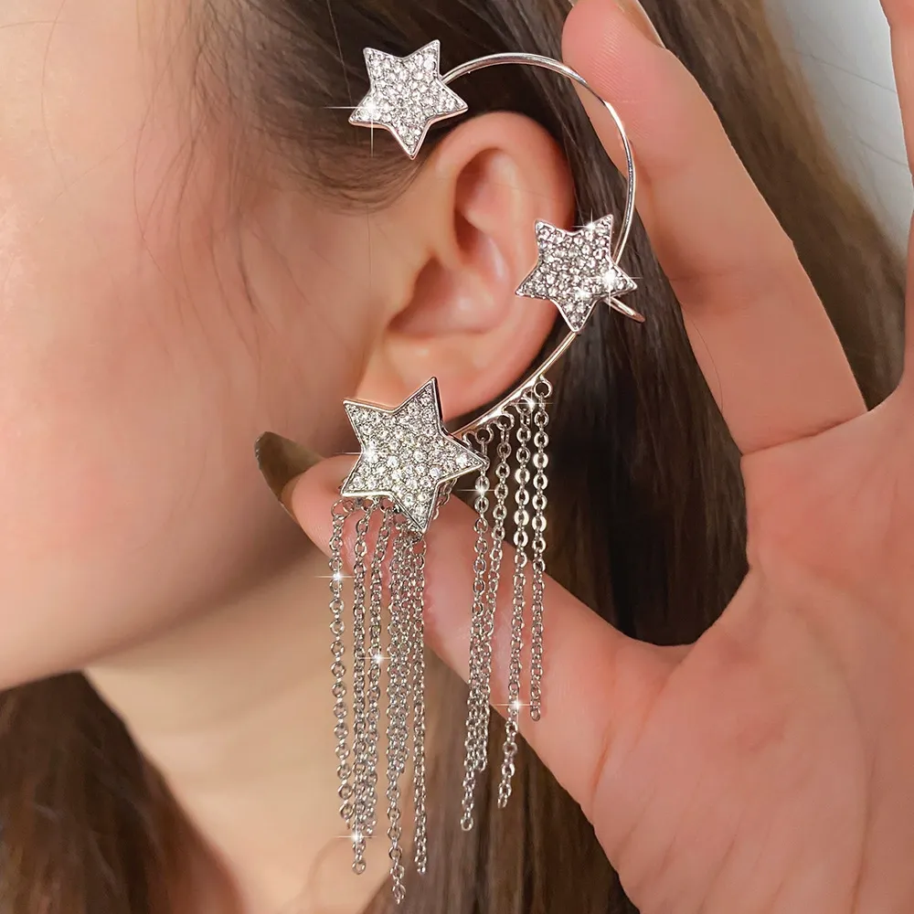 Star tassel earrings French full diamond tassel earrings women's unique cold style ear hanging ear clip earrings