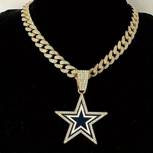 Trendy, full-diamond blue five-pointed star necklace, unisex, hip-hop style necklace.