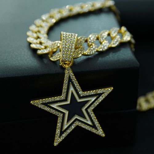 Trendy, full-diamond blue five-pointed star necklace, unisex, hip-hop style necklace.