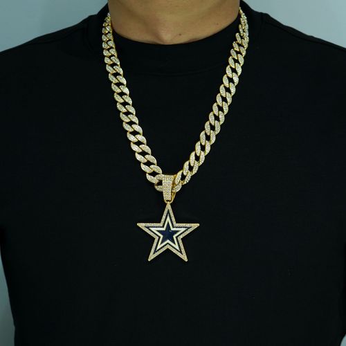 Trendy, full-diamond blue five-pointed star necklace, unisex, hip-hop style necklace.
