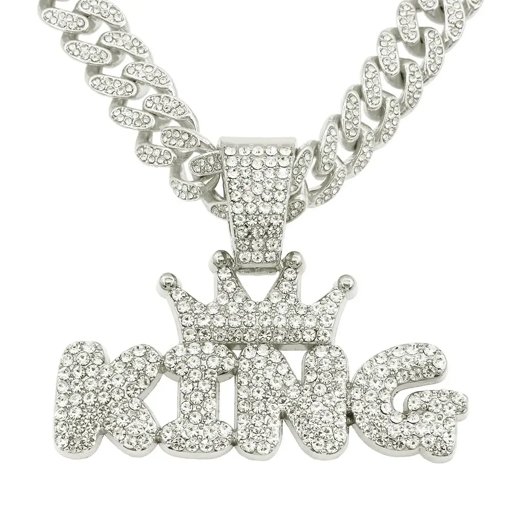 Cuban chain necklace pendant with diamonds, hip-hop style, cool and smooth, King letter pendant necklace, choker, unisex trendy cool Cuban chain accessory.