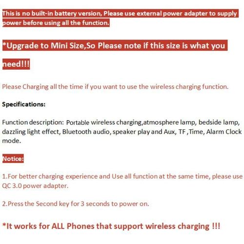 RGB Night Light Lamp Multifunctional Wireless Speaker, Multifunctional Wireless Speaker with Alarm Clock, Wireless Charger Station Pad for iPhone, Samsung, Xiaomi, Huawei