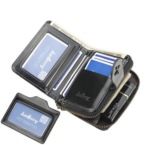 Miniature and stylish, this short wallet for men and women features a retro design, a zippered coin purse, and multiple compartments for cards and a driver's license.