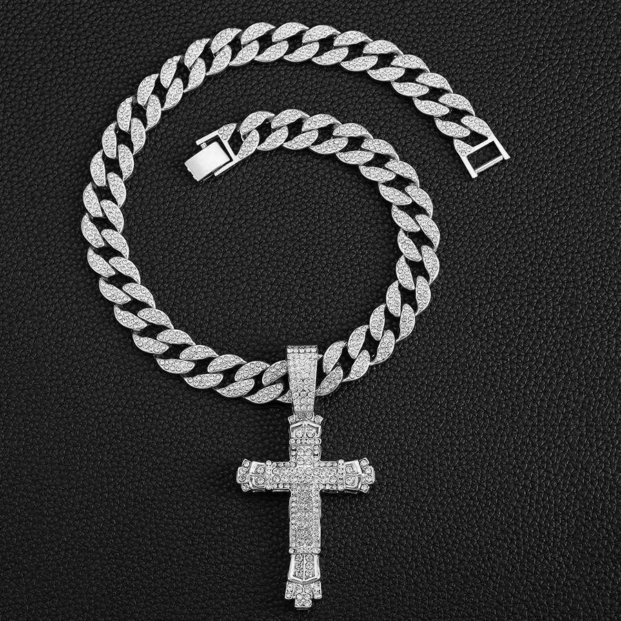 Hip-hop style cross pendant necklace, personalized and creative design, fully encrusted with rhinestones, made of zinc alloy.