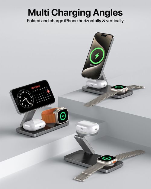 New multi-functional 3-in-1 wireless charging phone stand with 25W magnetic fast charging for desktops.