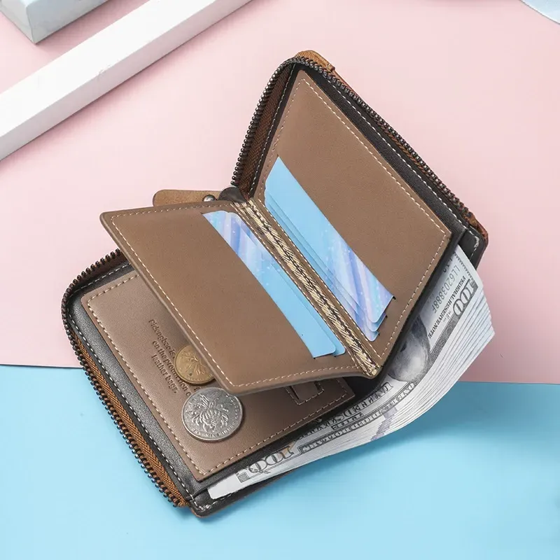 Men's high-end short wallet, card holder, leather wallet with zipper, casual leather coin purse.