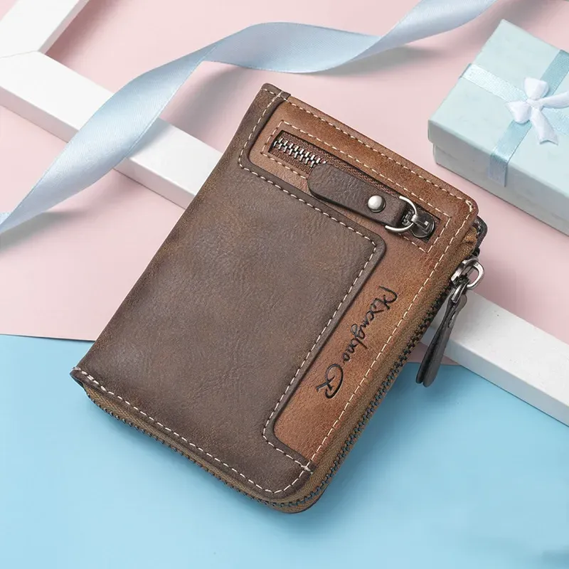 Men's high-end short wallet, card holder, leather wallet with zipper, casual leather coin purse.