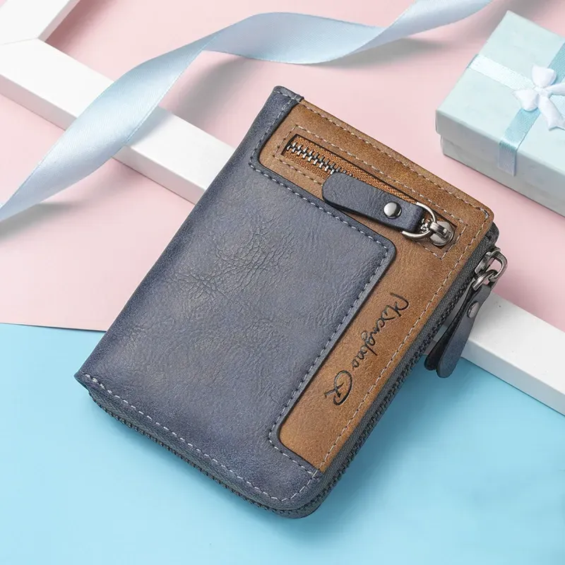 Men's high-end short wallet, card holder, leather wallet with zipper, casual leather coin purse.