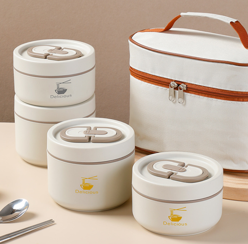 A set of four 304 stainless steel insulated lunch boxes with insulated bags, leak-proof and airtight, and microwave-safe.