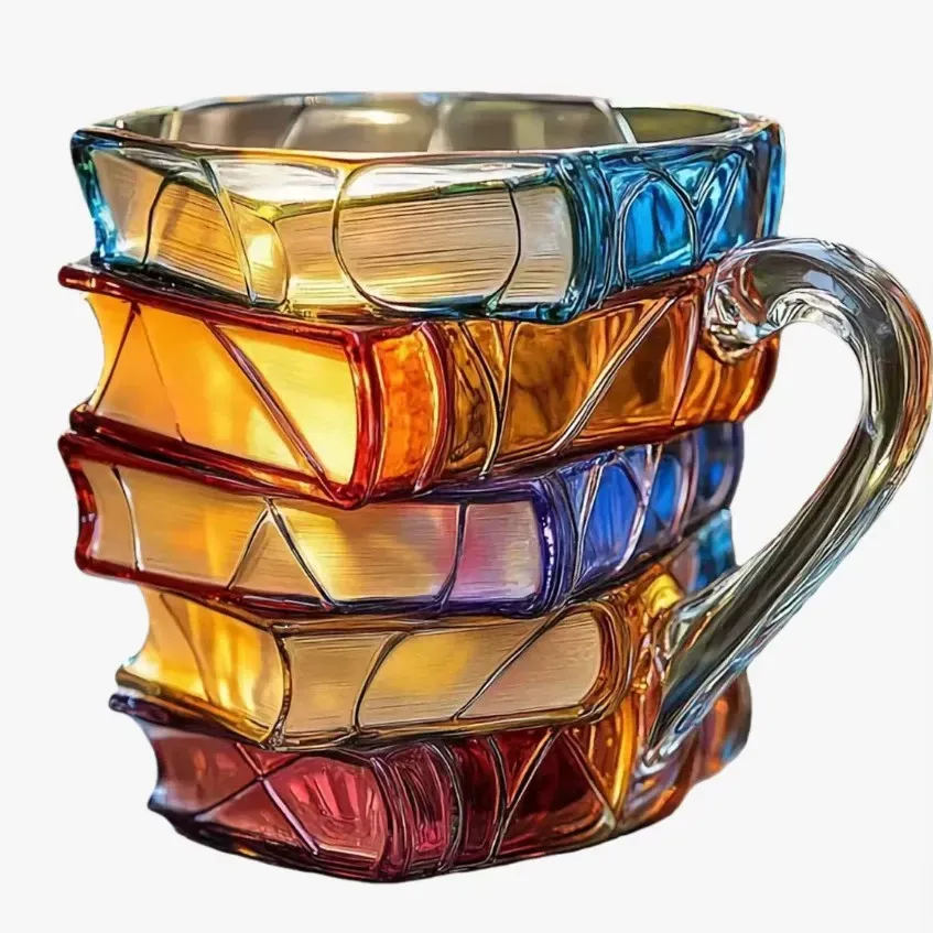 Painted Book Mug, 11oz Novelty 3D Painted Book Coffee Mug, Unique Colorful Resin Book Stack Coffee Cup, Collectible Gift