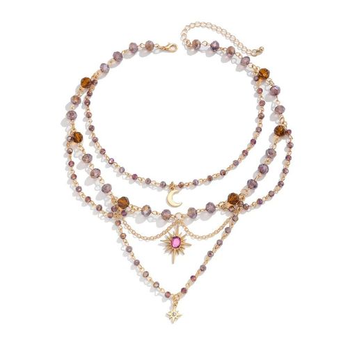 Multi-layered sun tassel pendant clavicle chain, niche design crystal beaded necklace accessory