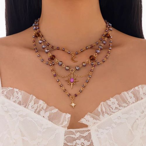 Multi-layered sun tassel pendant clavicle chain, niche design crystal beaded necklace accessory