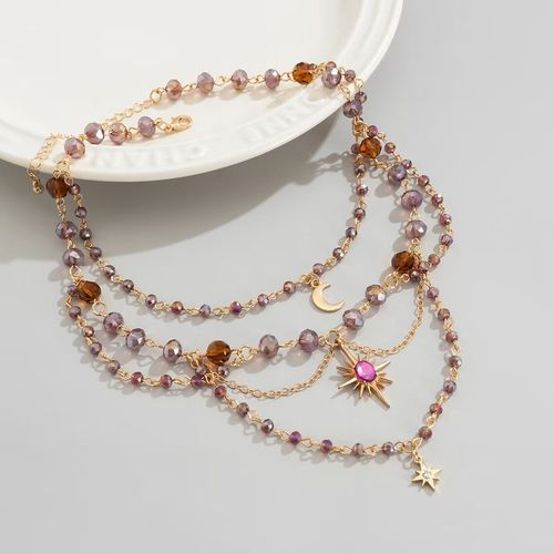 Multi-layered sun tassel pendant clavicle chain, niche design crystal beaded necklace accessory