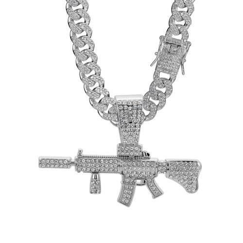 Exaggerated punk style, fully encrusted with rhinestones, long gun pendant with a Cuban link chain – a unique and stylish accessory.