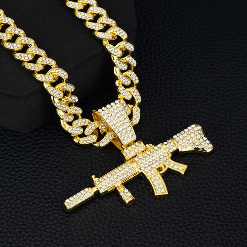 Exaggerated punk style, fully encrusted with rhinestones, long gun pendant with a Cuban link chain – a unique and stylish accessory.
