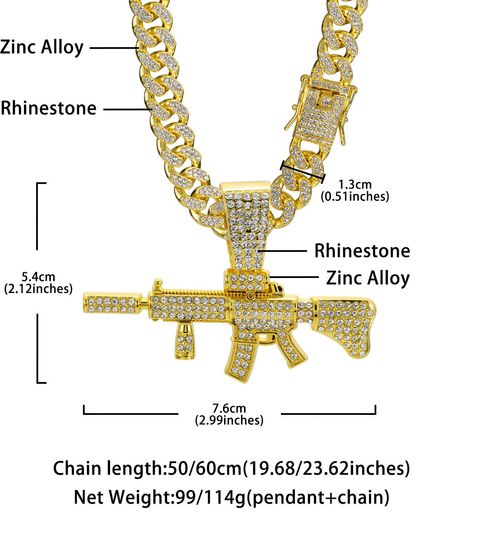 Exaggerated punk style, fully encrusted with rhinestones, long gun pendant with a Cuban link chain – a unique and stylish accessory.