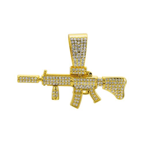 Exaggerated punk style, fully encrusted with rhinestones, long gun pendant with a Cuban link chain – a unique and stylish accessory.
