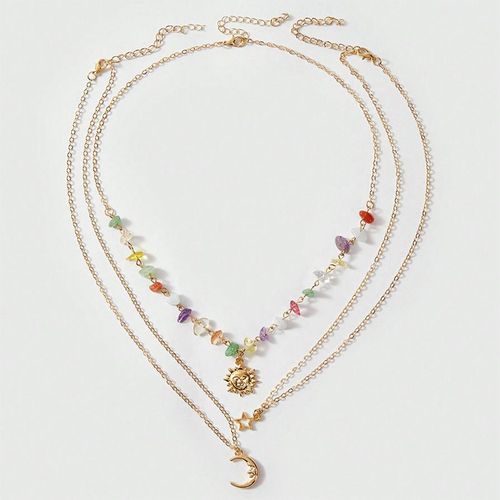 Sweet and cool vacation style irregular pebble moon pendant layered necklace