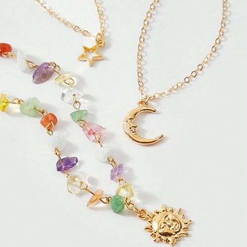 Sweet and cool vacation style irregular pebble moon pendant layered necklace