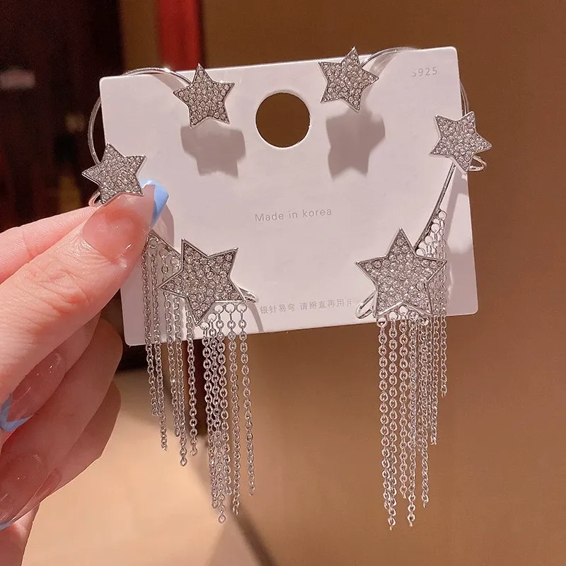 Star tassel earrings French full diamond tassel earrings women's unique cold style ear hanging ear clip earrings